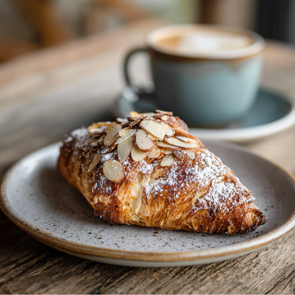 Croissant with almonds on a plate next to a cup of coffee on a wooden table.