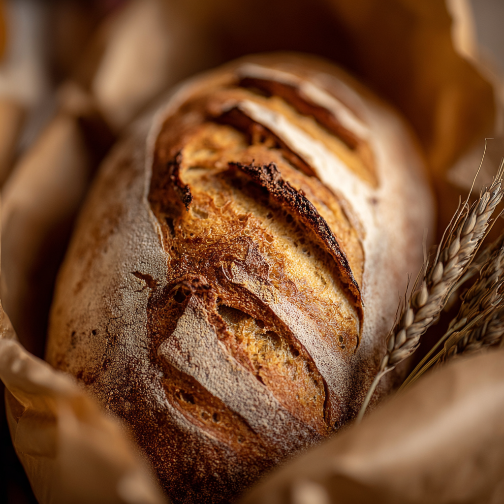Loaf of bread with a rustic crust and a wheat stalk on a blurred background